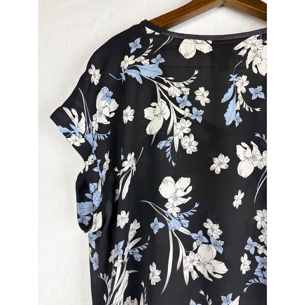 Worthington Black Floral V-Neck Short Sleeve Blouse XL Blue White Flower Print - Picture 8 of 13